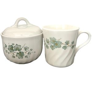 Corelle Coordinates By Corning Sugar Bowl With Lid and A Coffee Cup Ivy Print